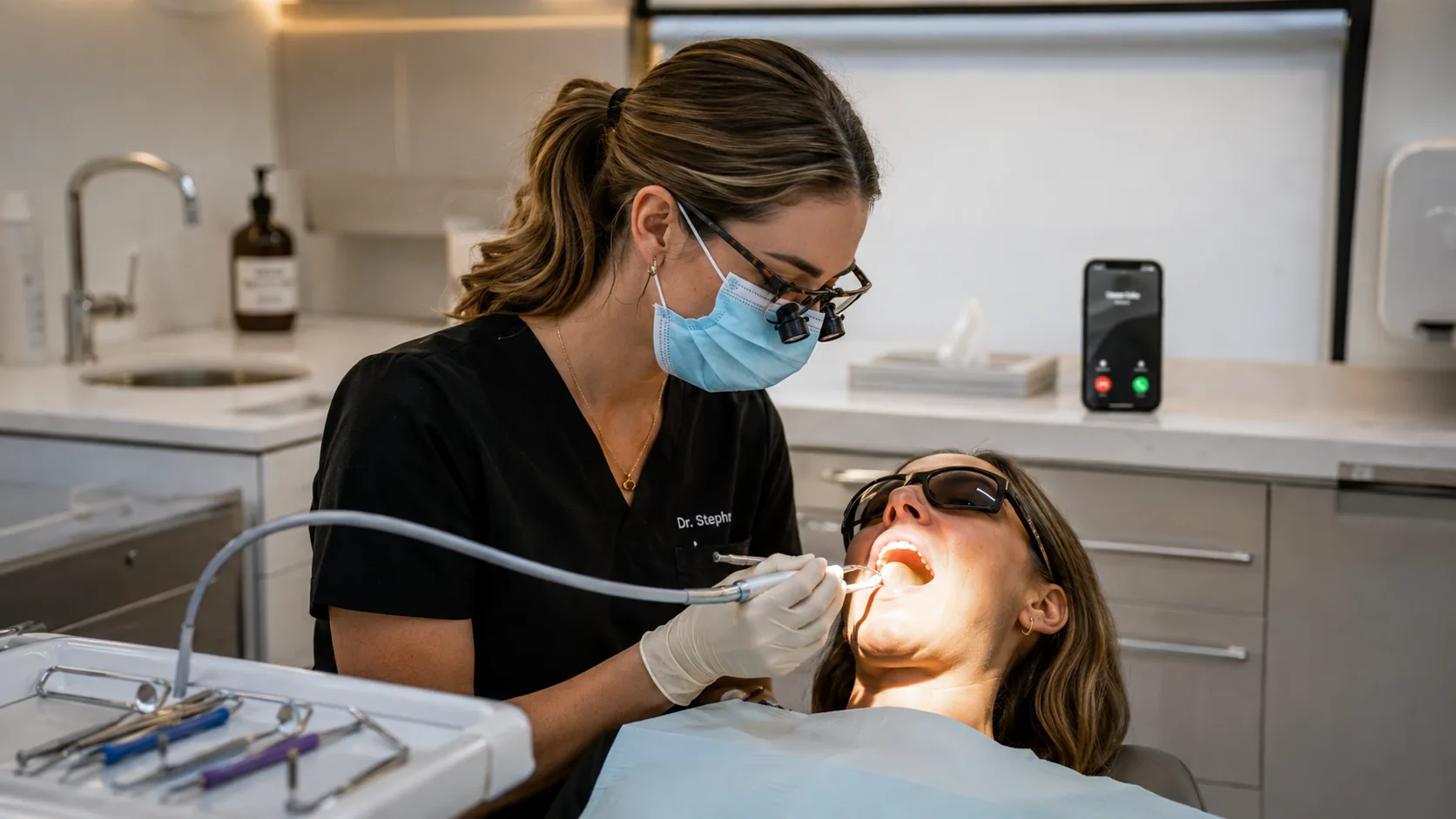 Dentist mid-procedure while a call comes in unanswered
