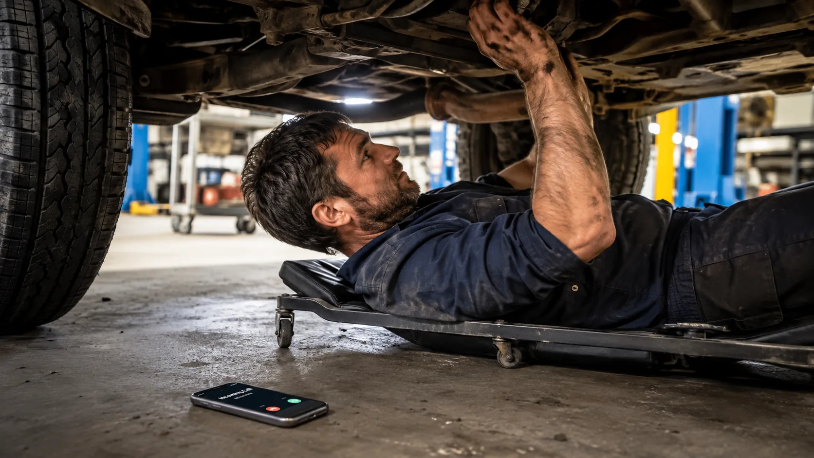 Mechanic under car, phone showing incoming call on floor