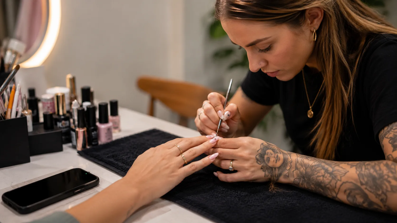 Nail technician mid-appointment, phone on table