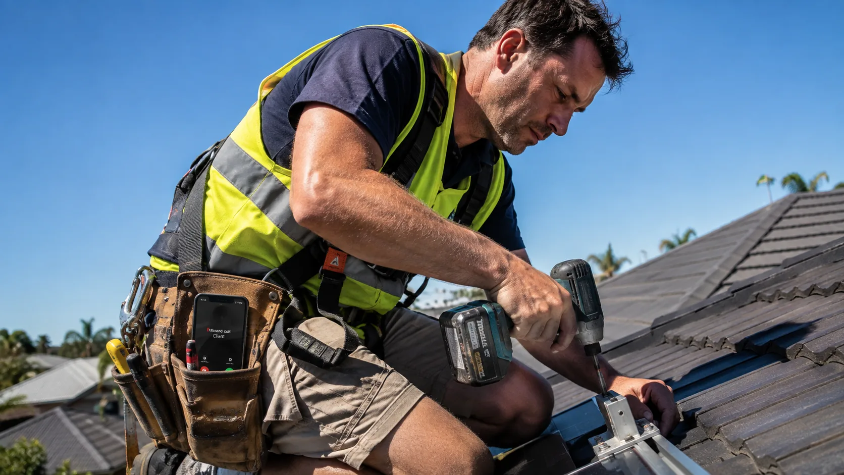 Roofer on roof with drill, phone showing missed call in tool belt
